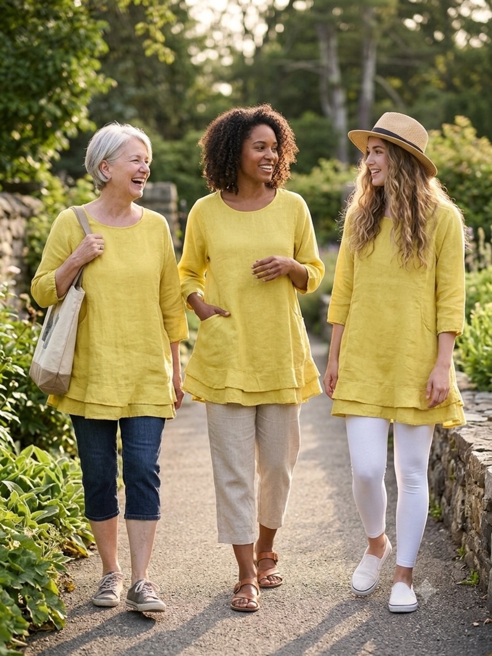 Relaxed Yellow Linen Layered Tunic - Three-Quarter Sleeve